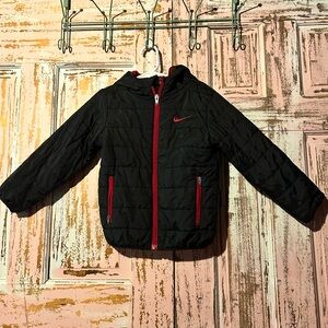 Nike Black Hooded Puffer Jacket with Red Accents